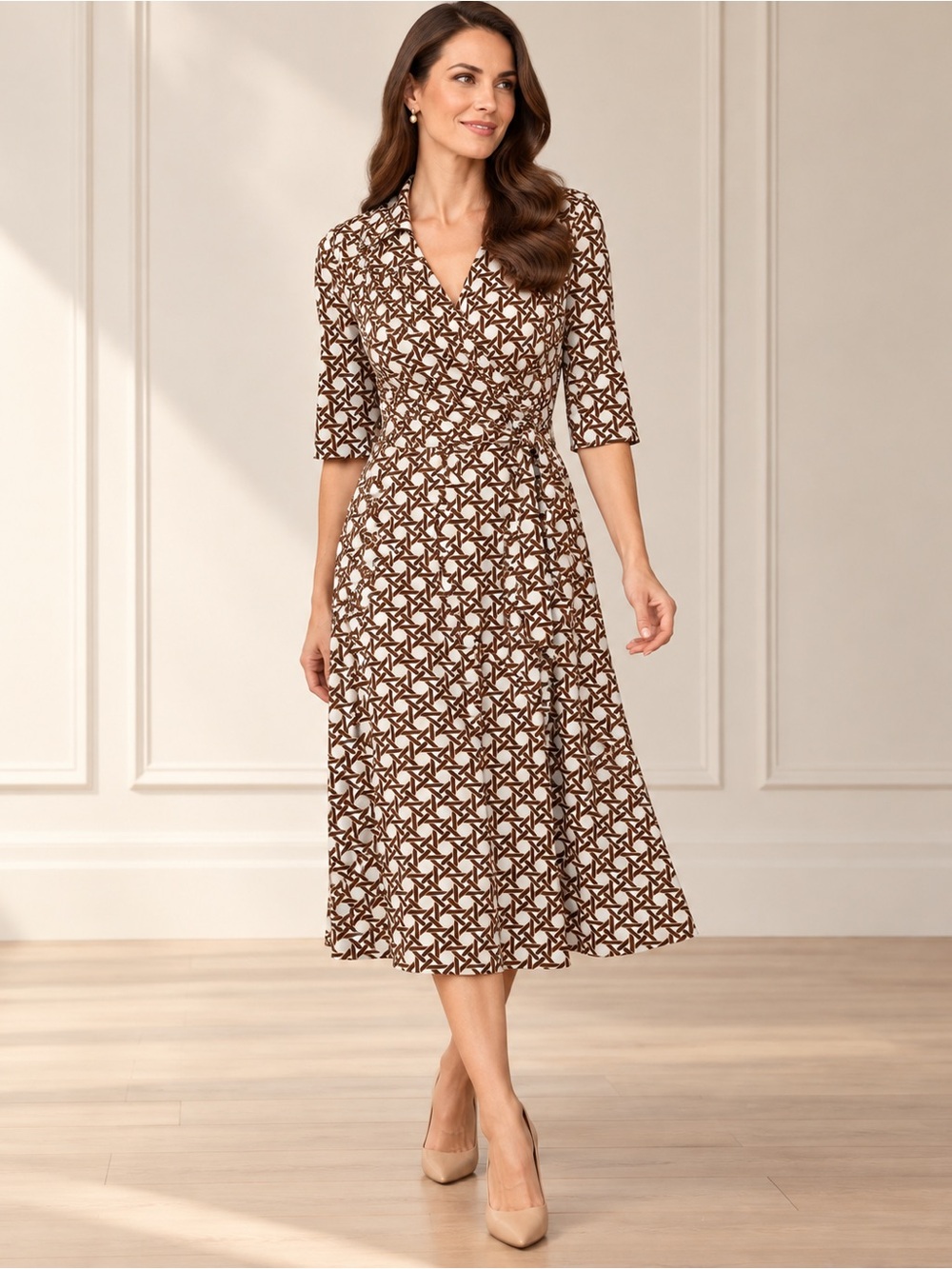 Talbots • Geometric Faux Wrap Dress • Career Office Midi • Size 10P